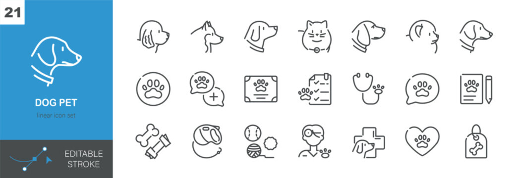 Dog Pet Vector Icons Set. Veterinary Care, Animal Health, Dog Breeds and Pet Owner Symbols. Isolated Editable Stroke Linear Collection.
