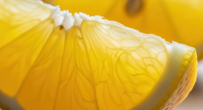 Extreme macro close-up of a fresh yellow lemon slice showing detailed pulp juice sacs, fibrous membranes, and translucent segment texture under bright soft natural lighting.