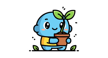 Obraz premium Cute Blue Cartoon Character Holding a Potted Plant Sprout, Kawaii Environment and Gardening Concept Illustration