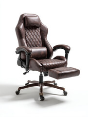 Fototapeta premium Ergonomic Luxury Brown Leather Executive Office Chair with Quilted Diamond Stitching and Built-in Footrest, Premium Comfortable Gaming Seat for Professional Workspace Isolated on White Background