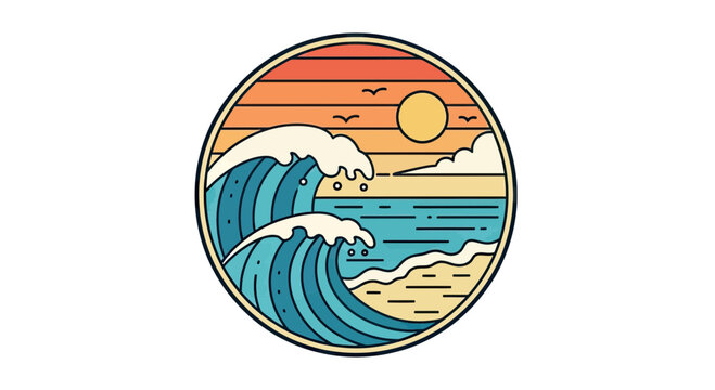 Retro Vintage Circular Ocean Wave Badge Illustration with Sunset, Beach Scene, and Minimalist Line Art Design