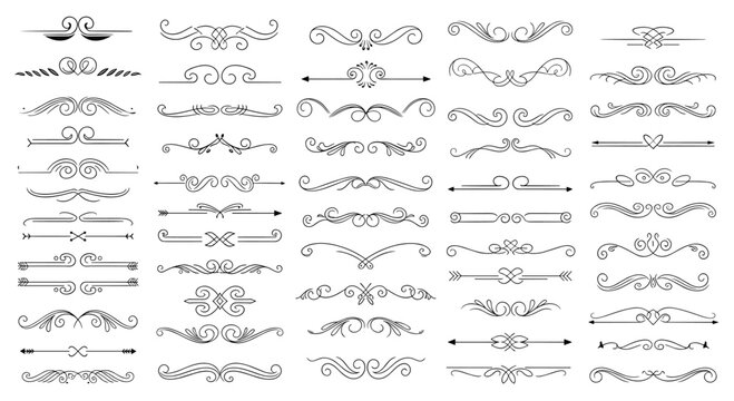 Large set of various elegant decorative line dividers and flourish ornaments for book design and wedding invitations.