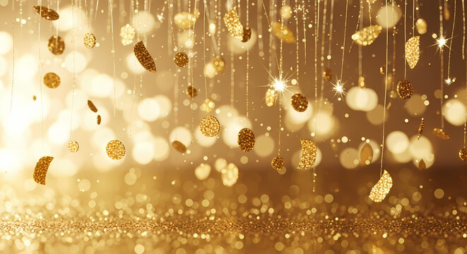 Golden glitter confetti rain with hanging sparkle strings, luxury festive background for event invitation and elegant web header