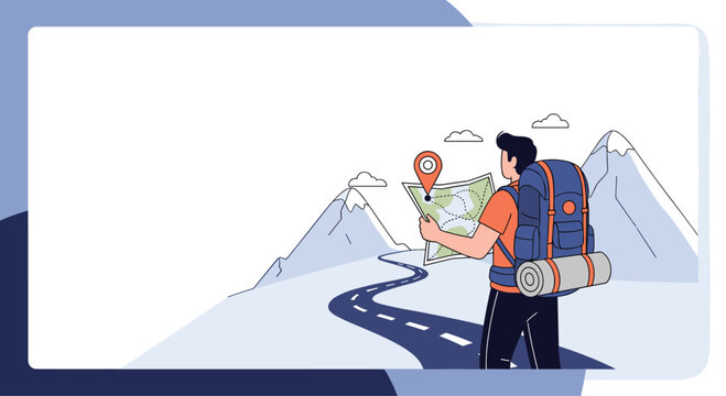 Backpacker standing on a winding mountain road while checking a paper map for navigation during a hiking adventure.