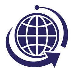 Obraz premium Dark blue of a globe with a circular arrow orbiting around it, representing global communication, international travel, or worldwide connectivity on a white background