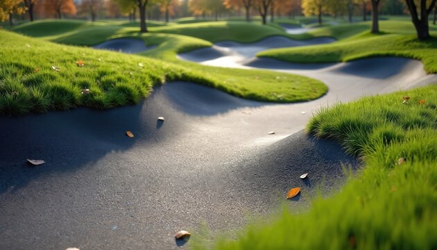 Empty asphalt pump track with grass hills surrounds. Modern park design for cycling, skating, BMX. Outdoor fun, healthy activity, fitness training space. Dynamic geometric curves.