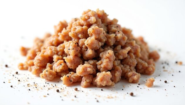Small pile of cooked ground turkey meat seasoned with pepper on white background. Healthy protein food ingredient for recipes. Raw turkey meat portions.