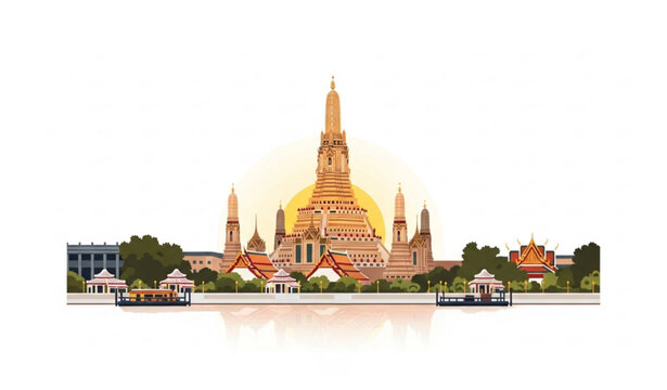 Wat Arun sunset vector illustration Bangkok Thailand iconic temple in golden light flat design isolated on white background