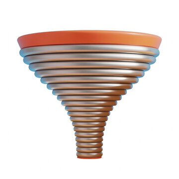 Shiny metallic funnel shaped object with orange rim designed for industrial applications presented in 3d style on transparent background