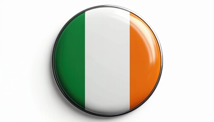 Fototapeta premium Glossy round badge with Irish flag colors green white and orange. Isolated metallic emblem represents Irish nation identity and patriotism. Circular symbol.