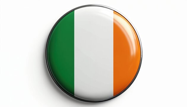 Glossy round badge with Irish flag colors green white and orange. Isolated metallic emblem represents Irish nation identity and patriotism. Circular symbol.