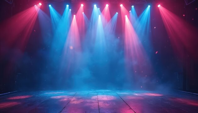 Stage floor lit by pink and blue spotlights. Smoky atmosphere with falling particles. Dark background with illuminated columns and beams. Dramatic lighting for performance or event.