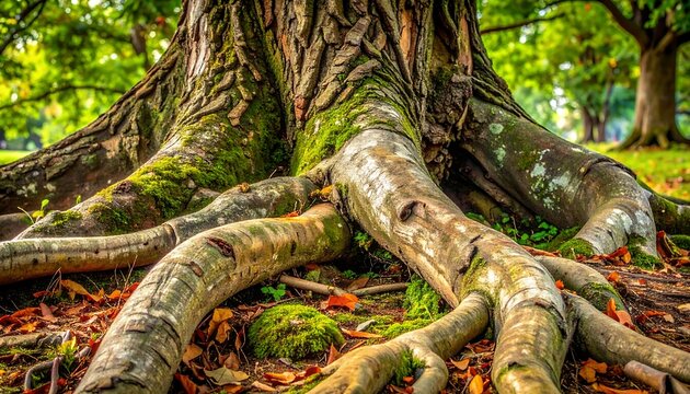 A large, gnarled tree trunk with exposed roots covered in moss, surrounded by fallen leaves in a grassy park