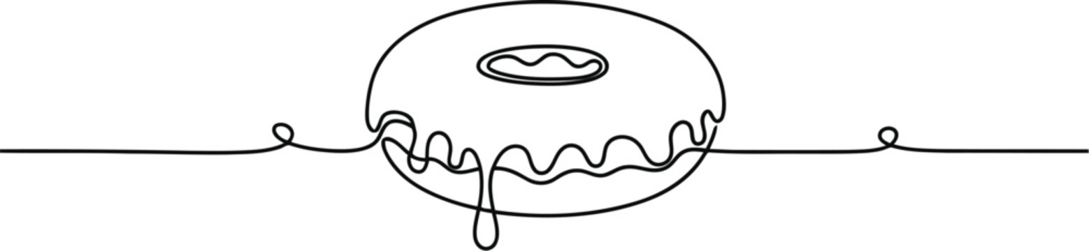 Minimalist continuous single line drawing of a delicious glazed donut on a plain white background