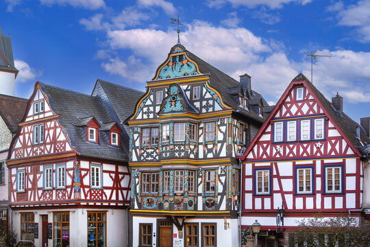 Famous historic half-timbered houses in Idstein, Germany. Traditional German architecture under clear blue sky, no people