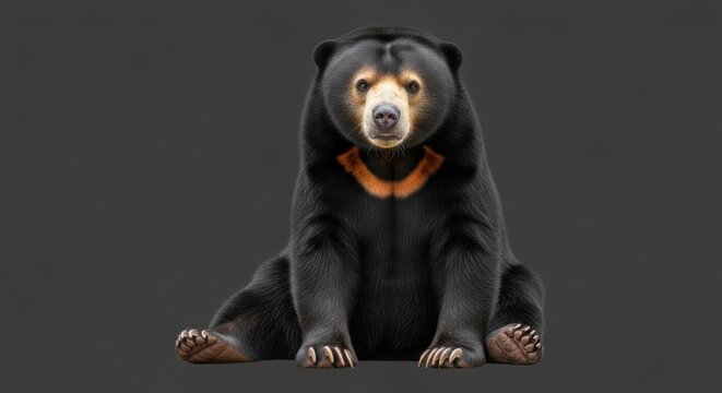 A sun bear with a distinctive orange chest marking sits calmly, its face turned forward.