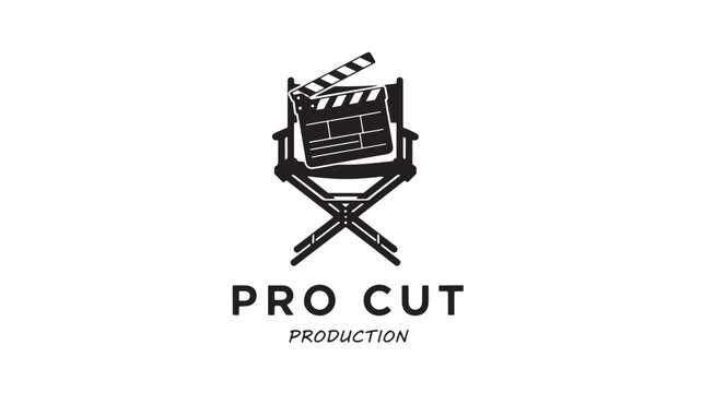 Film clapperboard with crossed tripod legs and pro cut production logo design for movie studio branding