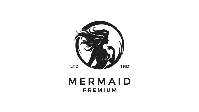 Merman logo premium vector emblem with black hair and face inside circular shield for branding and apparel