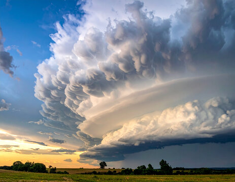 Dramatic storm clouds over rural landscape