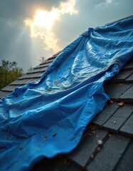 Naklejka premium Damaged roof covered by blue tarp. Storm debris scatters on shingles. Sun rays break through cloudy sky after bad weather. Home needs repair work.