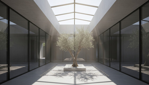 Minimalist indoor glass atrium courtyard with olive tree and white gravel