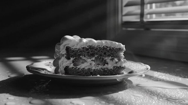 Black and white close up of delicious strawberry cake slice with whipped cream on plate with dripping