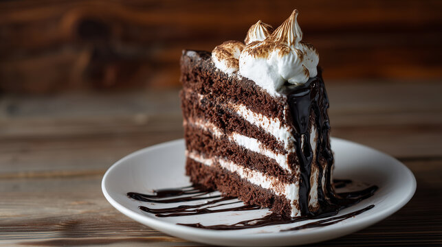 Chocolate sponge cake slice with cream frosting and chocolate sauce on white plate
