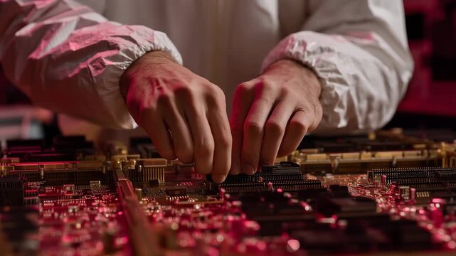 Close up of mission specialist hands adjusting a fiber optic connection inside an exposed satellite electronics bay during integration in a cleanroom, ideal for satellite network d