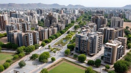 Fototapeta premium View from an apartment window showing high-rise buildings and green spaces under a blue sky in an urban setting