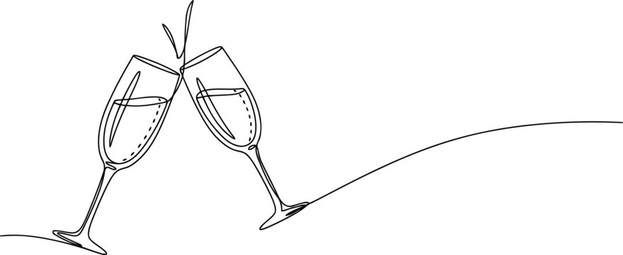Minimalist single continuous line drawing of two champagne glasses clinking for a celebration
