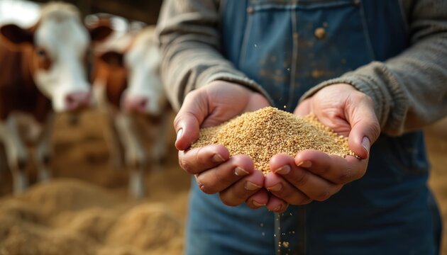Farmer holds grain feed in hands for cows. Livestock farm, agriculture, animal nutrition and rural economy concept. Sustainable food production and farm life.