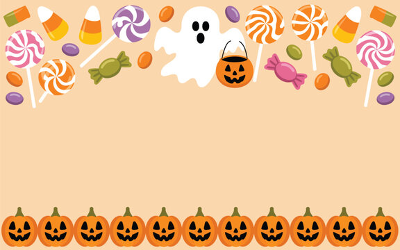 Halloween border with candy corn lollipops pumpkins and a ghost illustration trick or treat border design halloween decoration lollipop seasonal celebration illustration background