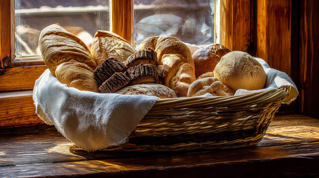 Assorted fresh bread in wicker basket on wooden table