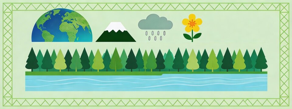 Illustration of earth, mountains, rain, flower, and forest, representing ecosystem, nature, and environmental elements with flat design style.