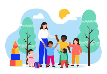 Fototapeta premium Diverse Group of Multi-ethnic Children and Female Teacher Playing Outdoors in a Park, Preschool or Kindergarten Education Concept Illustration