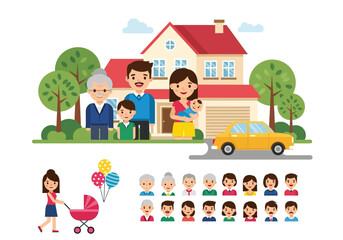 Fototapeta premium Multi-Generational Family Standing in Front of Suburban House with Car and Character Avatar Icons. Vector Flat Illustration for Real Estate, Insurance, and Family Lifestyle Concepts.