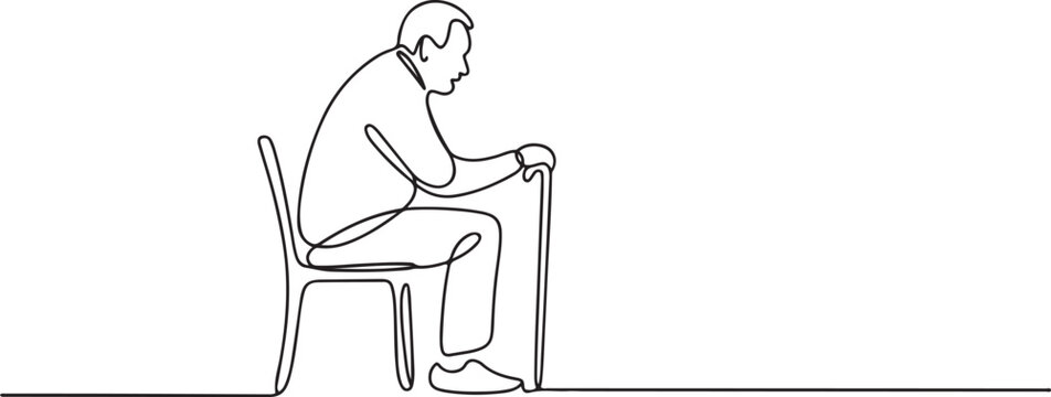 A old man sitting alone on chair in continue line style. Side view of one Senior man holding cane sitting in park. One line draw graphic design vector7