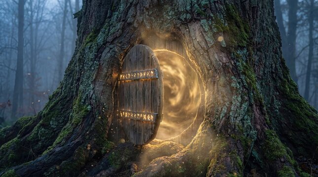 Magical Glowing Portal Door Inside an Old Tree Trunk in a Misty Forest