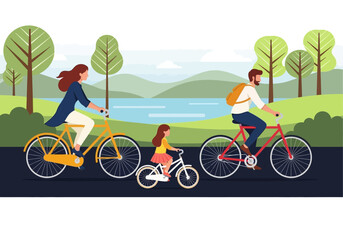 Fototapeta premium Family Cycling Together in Public Park Near Lake Flat Vector Illustration of Parents and Daughter Riding Bicycles Outdoors for Healthy Lifestyle Concept