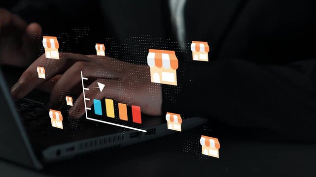 Digital marketing analysis with charts and online store icons representing e-commerce growth and web-based business strategies Gluon.