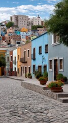 Naklejka premium A street filled with beige and pink buildings featuring blue doors and lush green plants under a bright sky with clouds