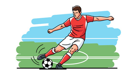 A male soccer player in a red jersey and white shorts kicks a soccer ball on a green field with white lines, under a blue sky with clouds. © Ngelus
