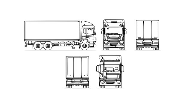 Minimal line art truck trailer vector showing side front back and top views for industrial vehicle reference