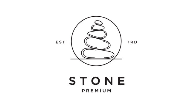 Stone premium logo icon with stacked smooth stones and EST TRD text for minimalist brand design featuring spa branding, circular badge, line art with