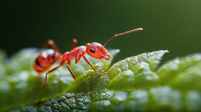 Close-up of a red ant perched on a green leaf, showcasing fine details of its body and the leaf's texture in a natural outdoor setting