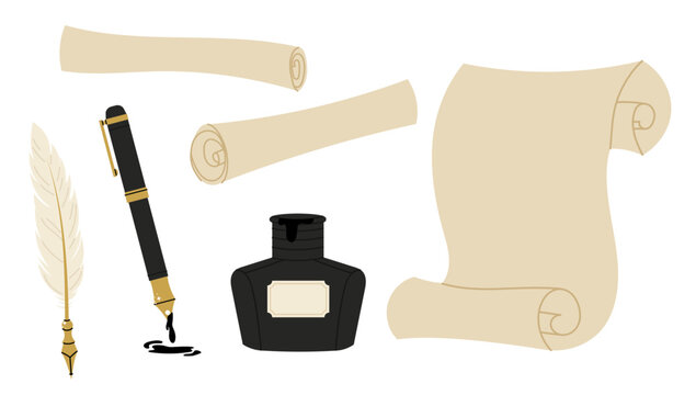 Old parchment scroll with ink bottle, feather pen and writing elements. For historical themes, storytelling, invitations and decorative design.