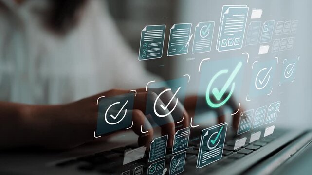 Modern workspace with digital interface showing check marks, documents, and technology in use for productivity and efficiency in remote work environment Sigmoid