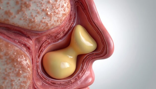 Medical illustration shows nasal polyps inside human sinus cavity. Yellow growths obstruct breathing passages. Shows tissue inflammation and congestion, difficult nasal function.