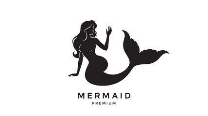 Obraz premium Mermaid silhouette logo with elegant waving female sea creature and flowing tail in minimalist black premium emblem design.
