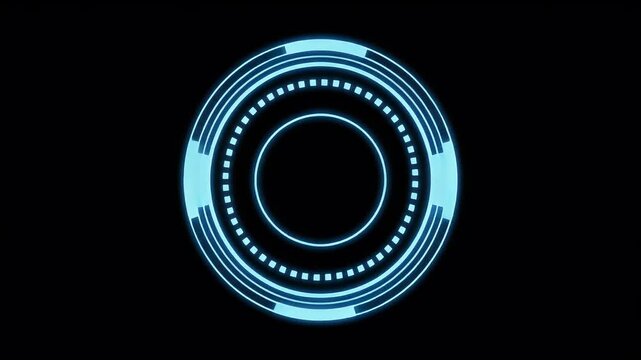 A futuristic blue circle graphic with glowing lines and dots on a black background.